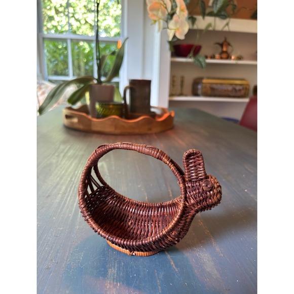 Other - Vintage Miniature Wicker Bunny Basket Dark Brown Woven Rattan Easter Decor 5 in